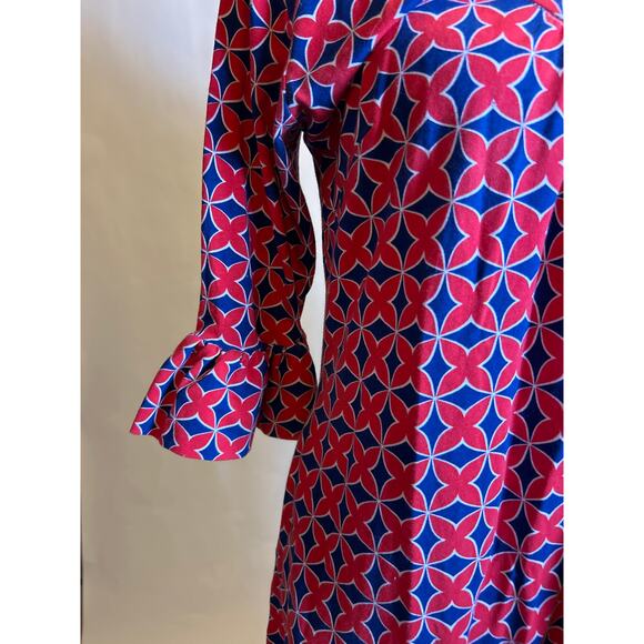 Tracy Negoshian | Red/Blue Geometric Bell Sleeve Cotton Dress | Large - Picture 5 of 16